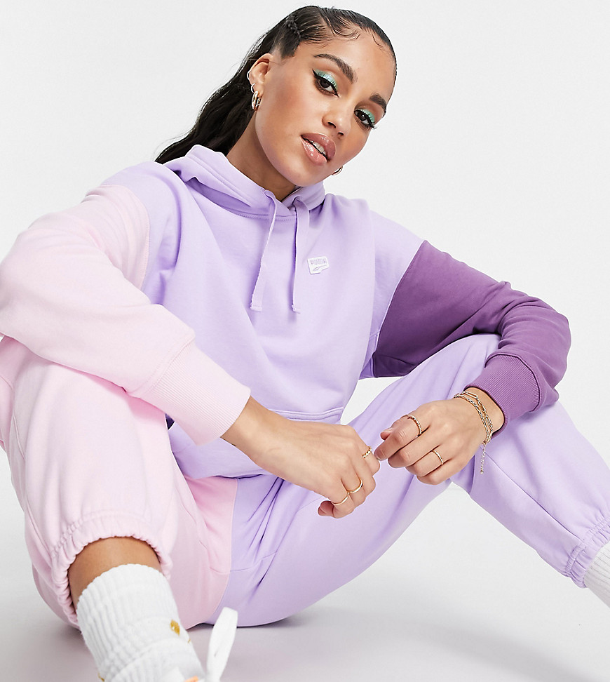 Puma Downtown colourblock hoodie in lilac and pink - exclusive to ASOS-Purple