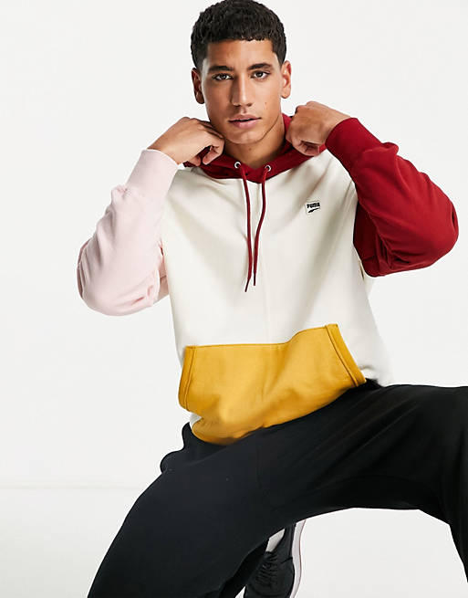 Puma Downtown colourblock hoodie in white and burgundy