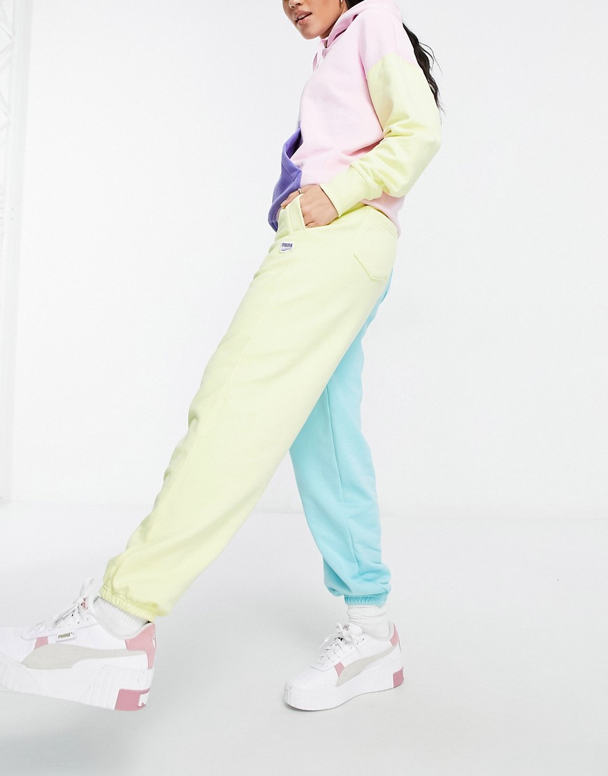 Puma Downtown colourblock joggers in pink and yellow - exclusive to ASOS-Blue