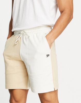 Puma Downtown colourblock logo shorts in beige