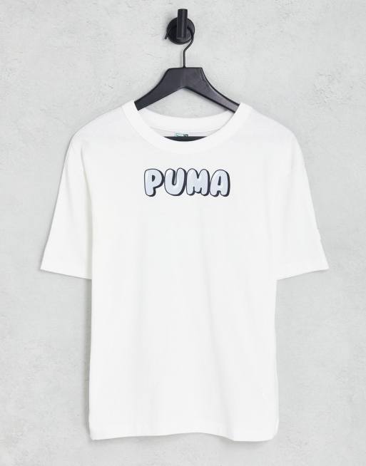 Puma Downtown t-shirt in bubble logo in white and pale blue | ASOS