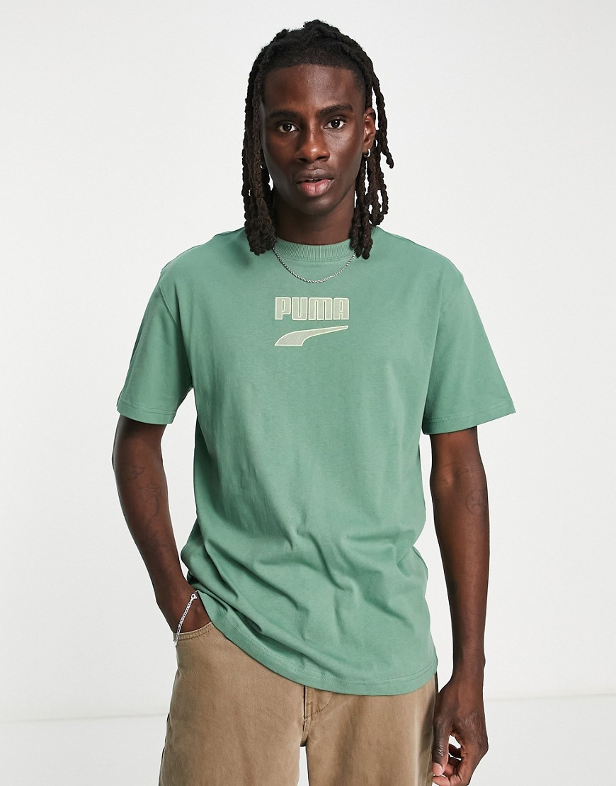 PUMA Downtown T-shirt with logo print in off deep forest green