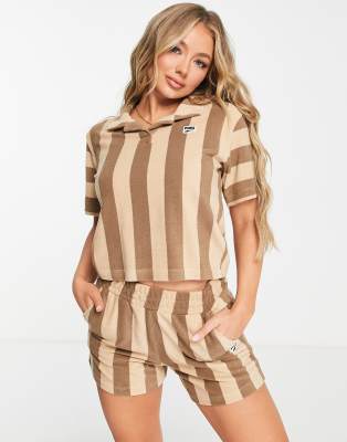 Downtown terrycloth cropped polo shirt in brown stripe - exclusive to ASOS