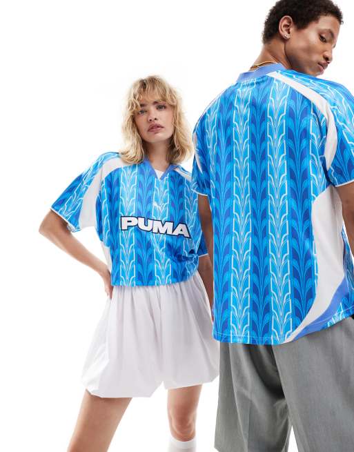 PUMA – Dżersejowa koszulka piłkarska ze wzorem w stylu retro w niebieskim i białym kolorze
