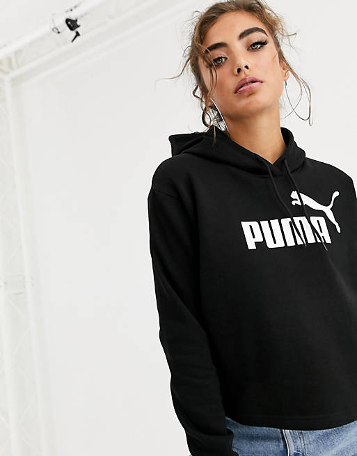 Puma Essentials+ black logo cropped hoodie