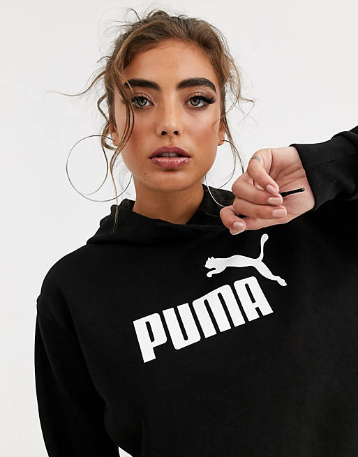 Women Puma Essentials+ black logo cropped hoodie 