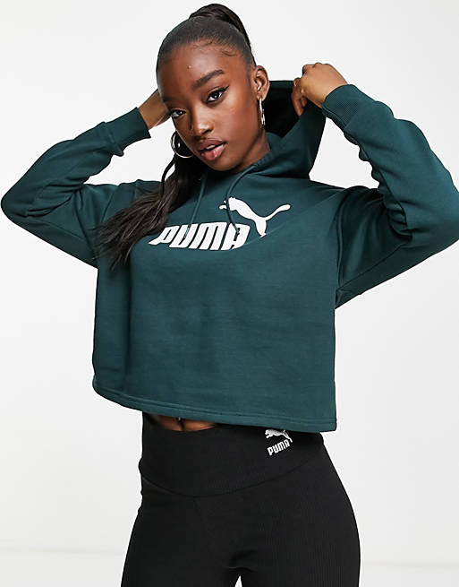 Women Puma Essentials cropped hoodie in dark green 