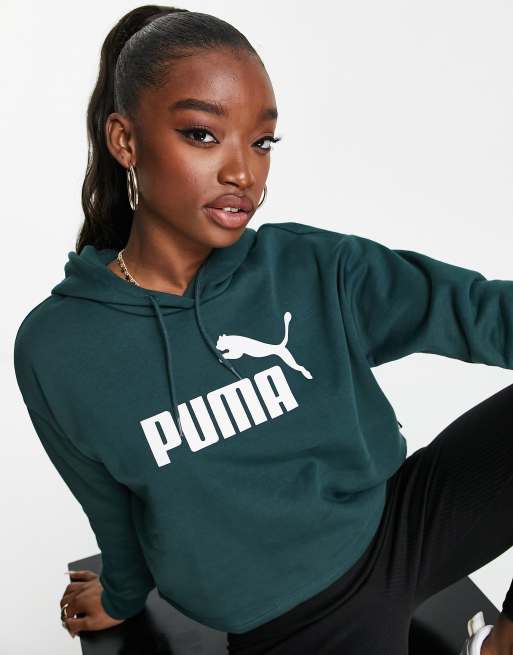 Puma Essentials cropped hoodie in dark green