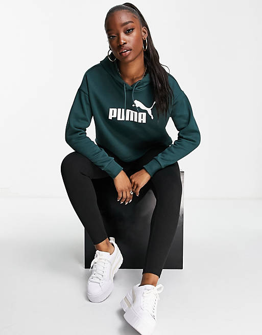 Women Puma Essentials cropped hoodie in dark green 