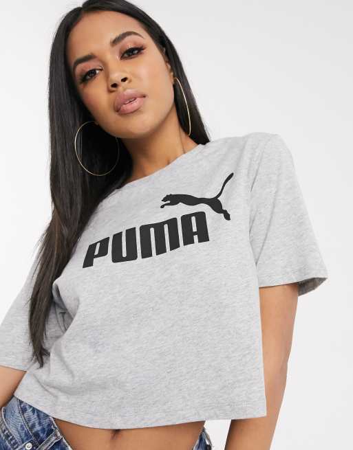 Puma Essentials cropped logo t-shirt in grey | ASOS