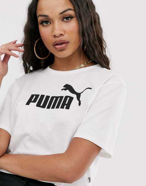 Puma Essentials cropped logo t-shirt in white | ASOS