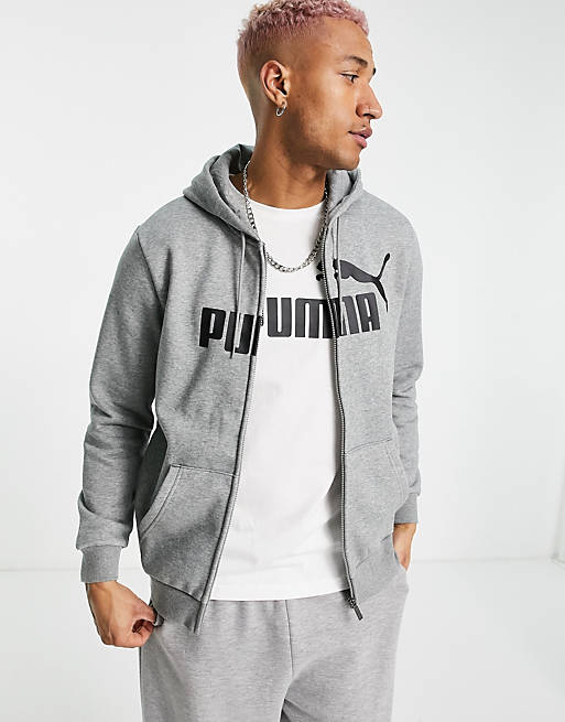 Puma Essentials large logo zip hoodie in grey