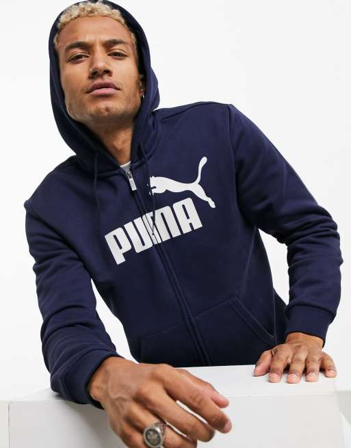 Puma Essentials logo zip hoodie in navy | ASOS