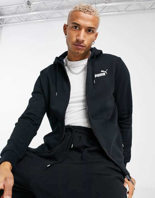 Puma - Essentials - Sort hættetrøje med lynlås og stort logo på brystet