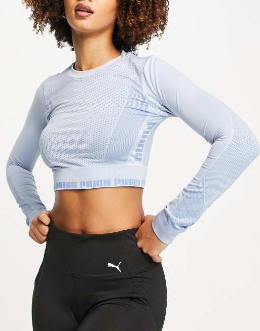 PUMA – Evo Knit – Langärmliges, nahtloses Oberteil in Staubblau mit kurzem Schnitt, 3 von 4