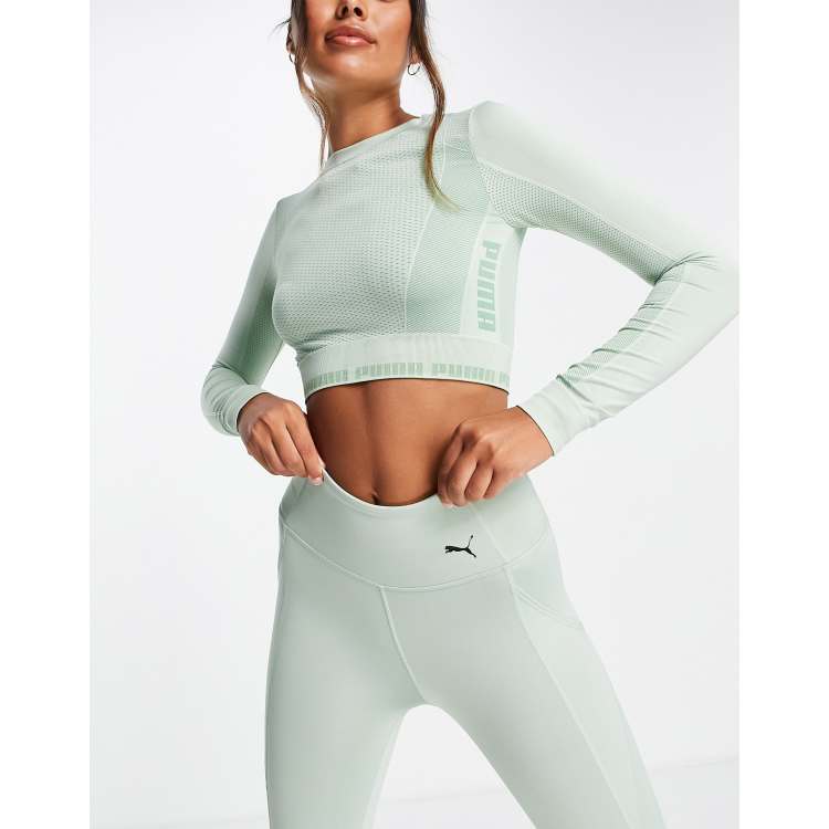 NEW PUMA Women's Train Seamless Fitted Long Sleeve CROP TOP green glare XS S