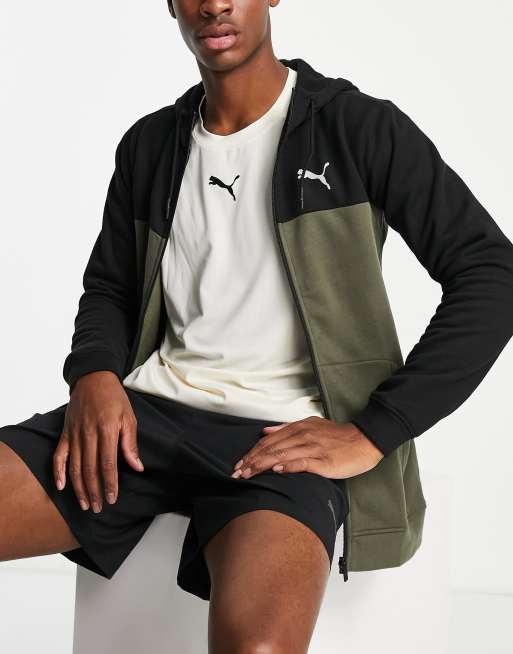 PUMA - Felpa con cappuccio attillata nera e verde scuro con zip
