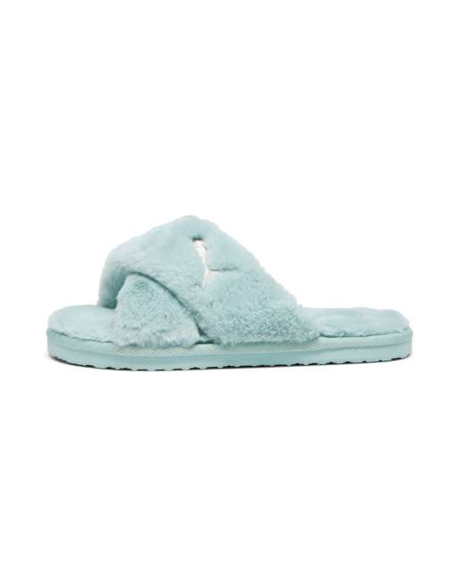 Puma fluffy cross strap slider in green ASOS