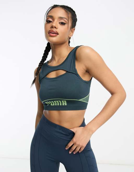 Puma Formknit seamless bra in grey and green