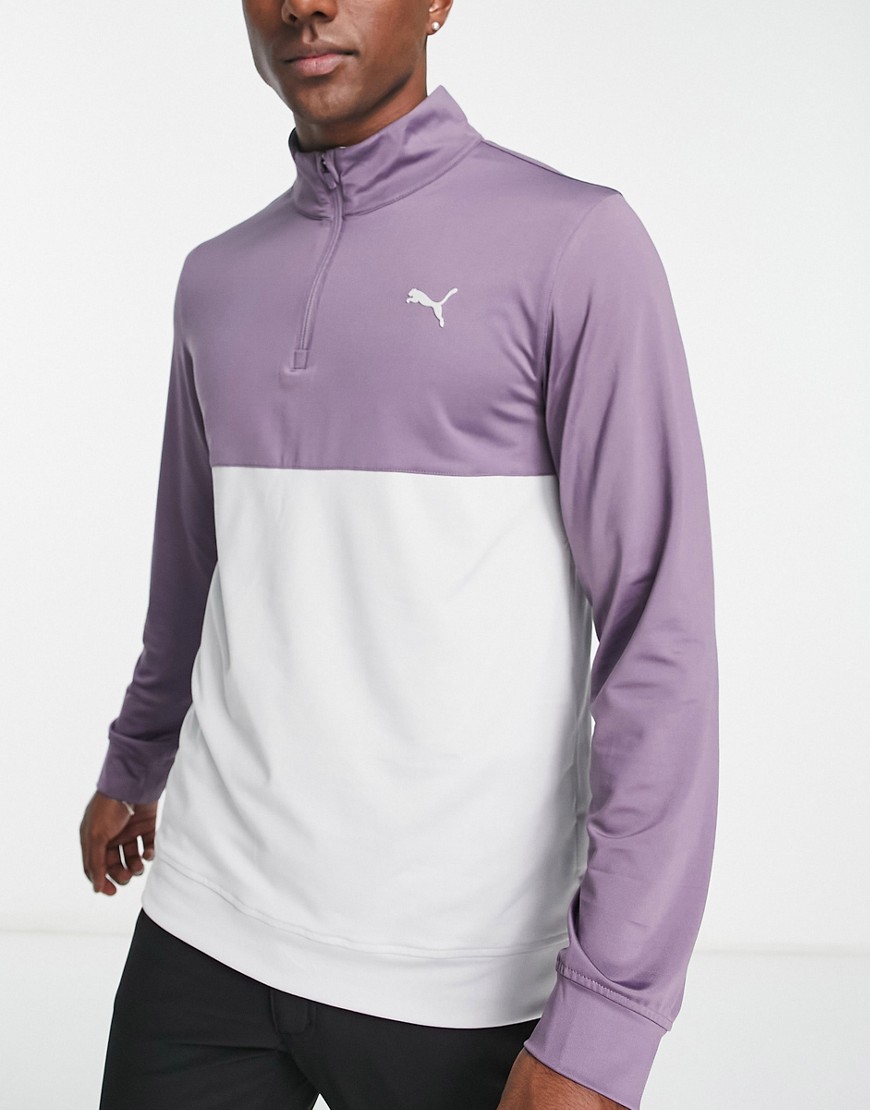 Puma Golf Gamer colourblock 1/4 zip top in purple and grey