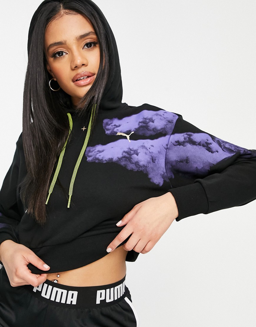 PUMA graphic hoodie in black and purple