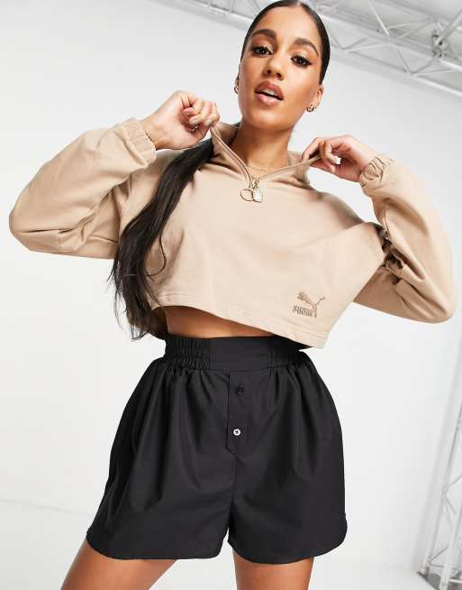 Puma half zip crew sweat top in light brown