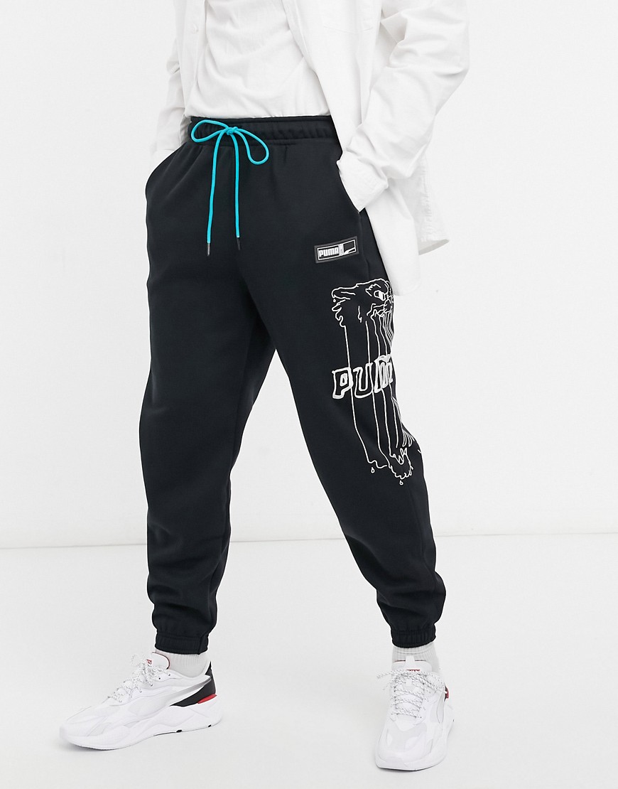 Puma Hoops graphic sweat pants in black and mint
