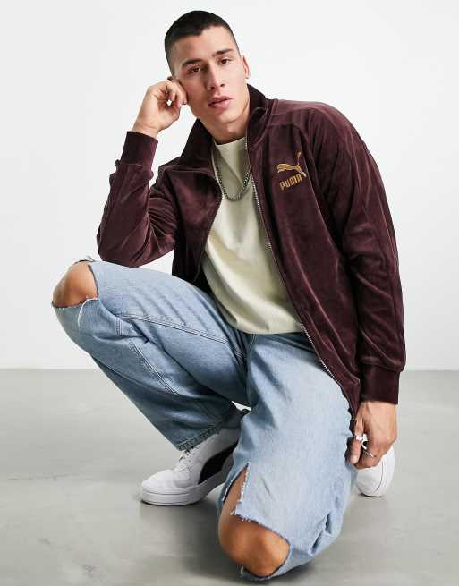 Puma Icon velour track jacket in burgundy and gold