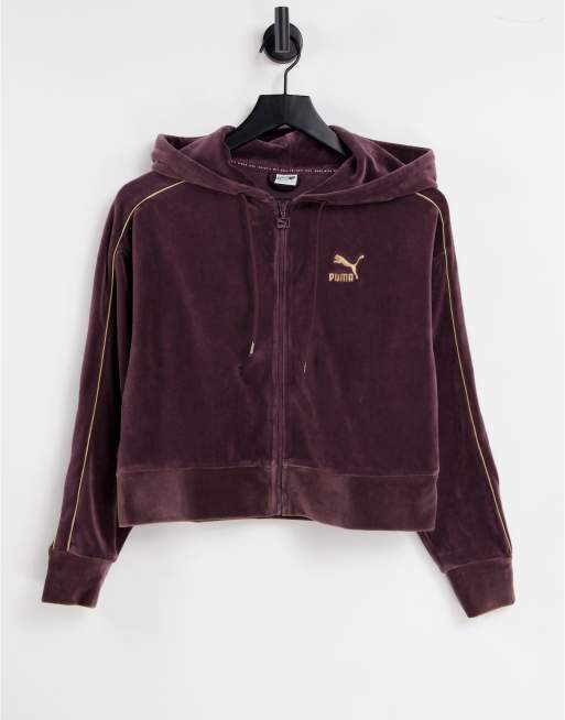 PUMA – Iconic T7 – Kapuzenjacke aus Velours in Burgunderrot und Gold mit durchgehendem Reißverschluss