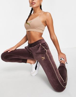 Puma Iconic T7 velour joggers in burgundy and gold