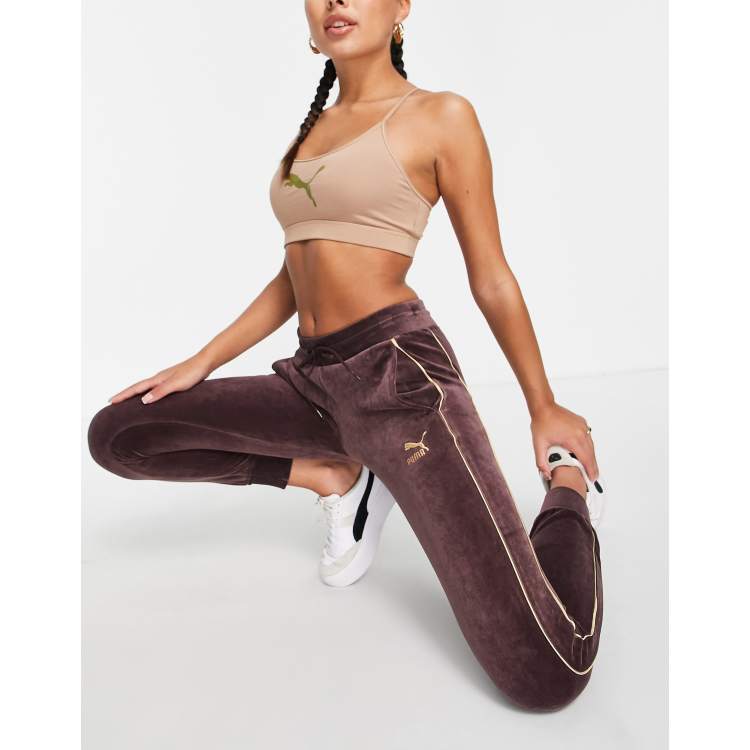 Puma Iconic T7 velour trackies in burgundy and gold