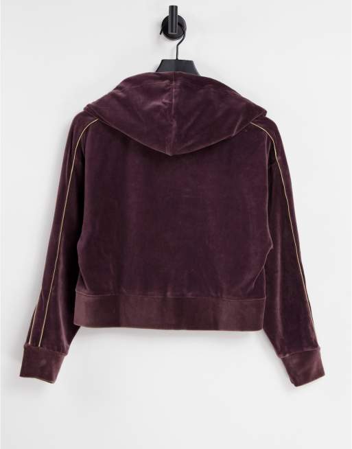 Puma Iconic T7 velour zip through hoodie in burgundy and gold, 3 of 4