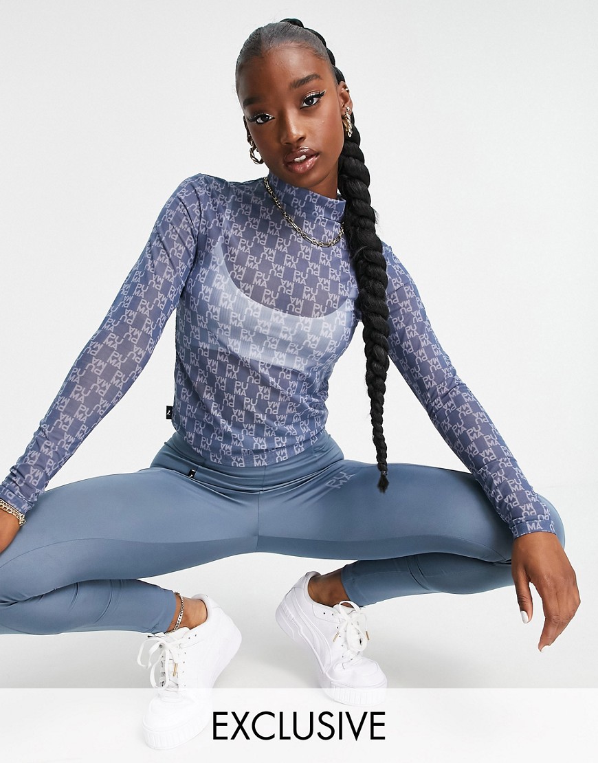 Puma Infuse AOP long sleeve fitted top in blue
