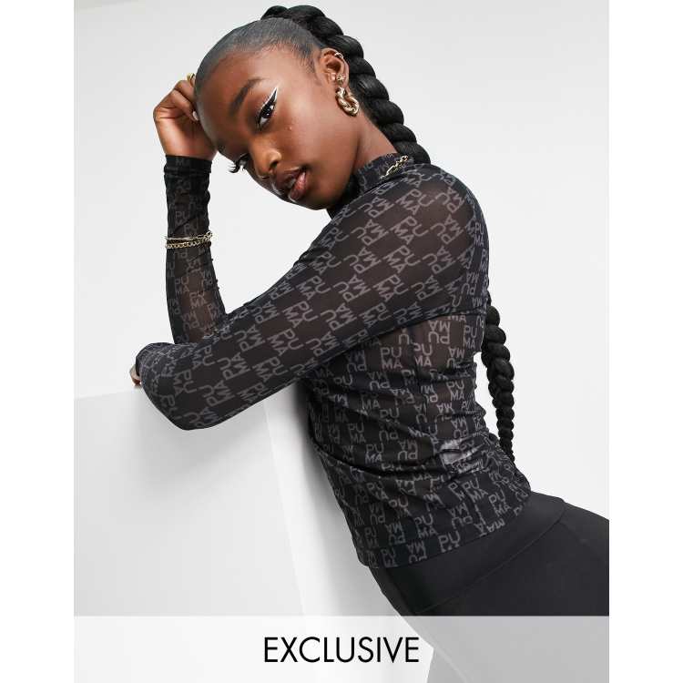 Puma Infuse sheer repeat logo long sleeve top in black | ASOS