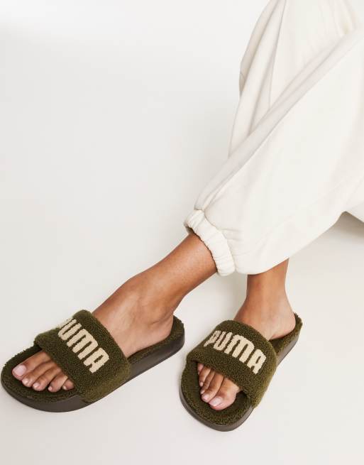 Puma – Leadcat – Klapki z kożuszka w kolorze khaki i beżowym , 4 z 4
