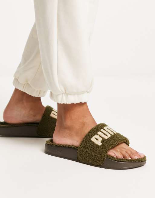 Puma Leadcat sherpa sliders in khaki and oatmeal ASOS