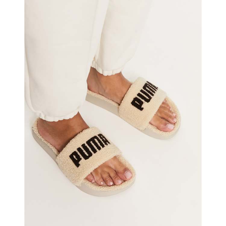 Puma Leadcat sherpa sliders in oatmeal and chocolate ASOS