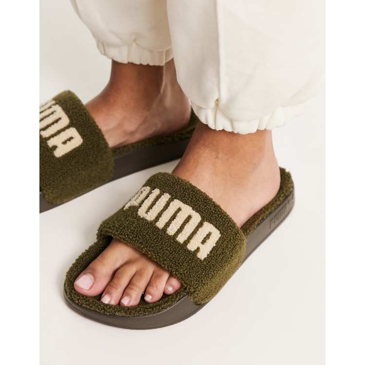 PUMA Leadcat sherpa slides in khaki and oatmeal ASOS