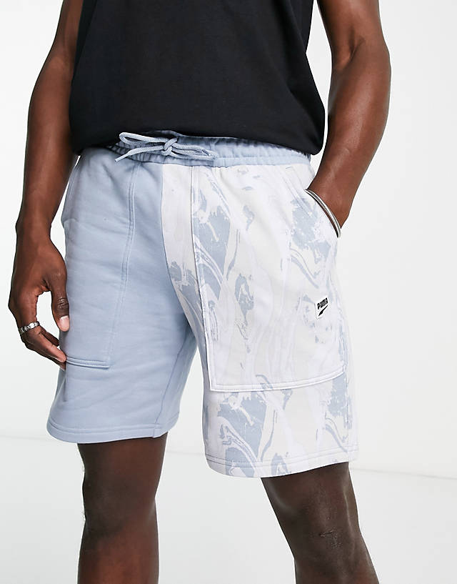 Puma - marble print colorblock shorts in blue - exclusive to asos