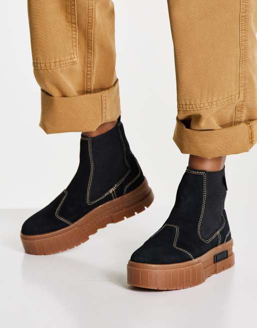 Puma Mayze chelsea boots in black with gum sole