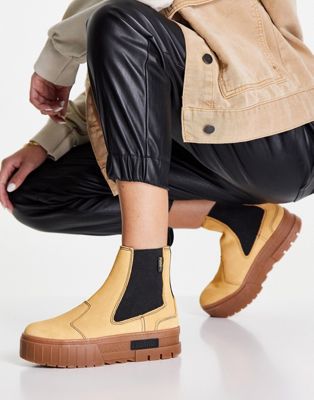Puma Mayze chelsea boots in tan with gum sole