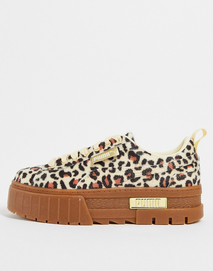 PUMA Mayze chunky sneakers in leopard ponyhair with gum sole-Brown