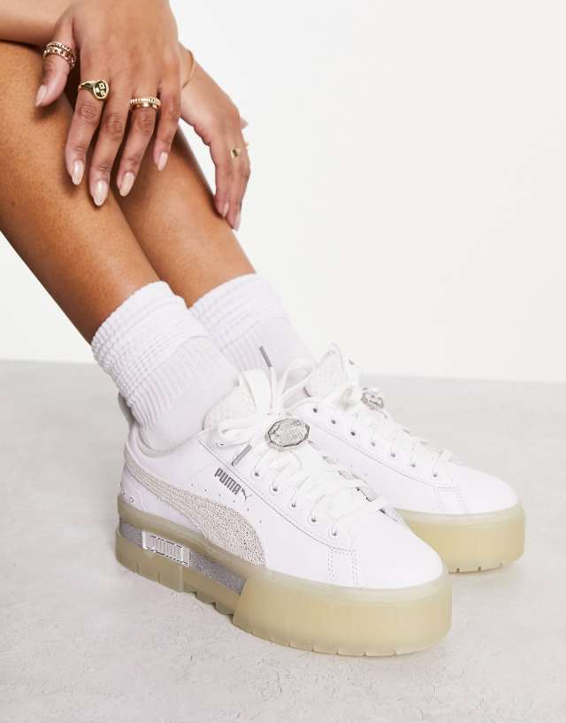 Puma Mayze chunky sneakers in white with gum sole