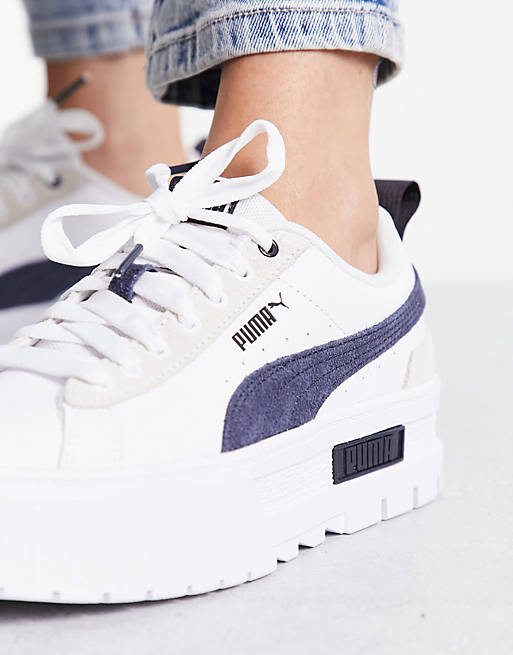 PUMA Mayze mix sneakers in white with navy detail | ASOS