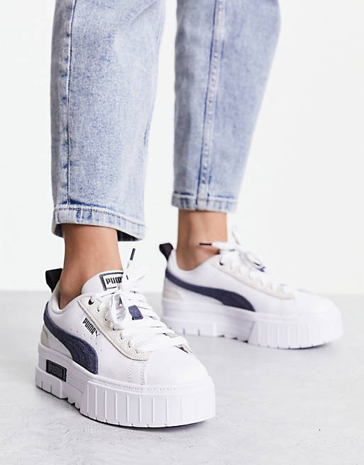 PUMA Mayze mix sneakers in white with navy detail | ASOS