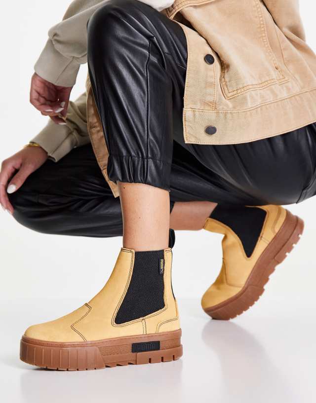 PUMA Mayze platform chelsea boots in tan with gum sole