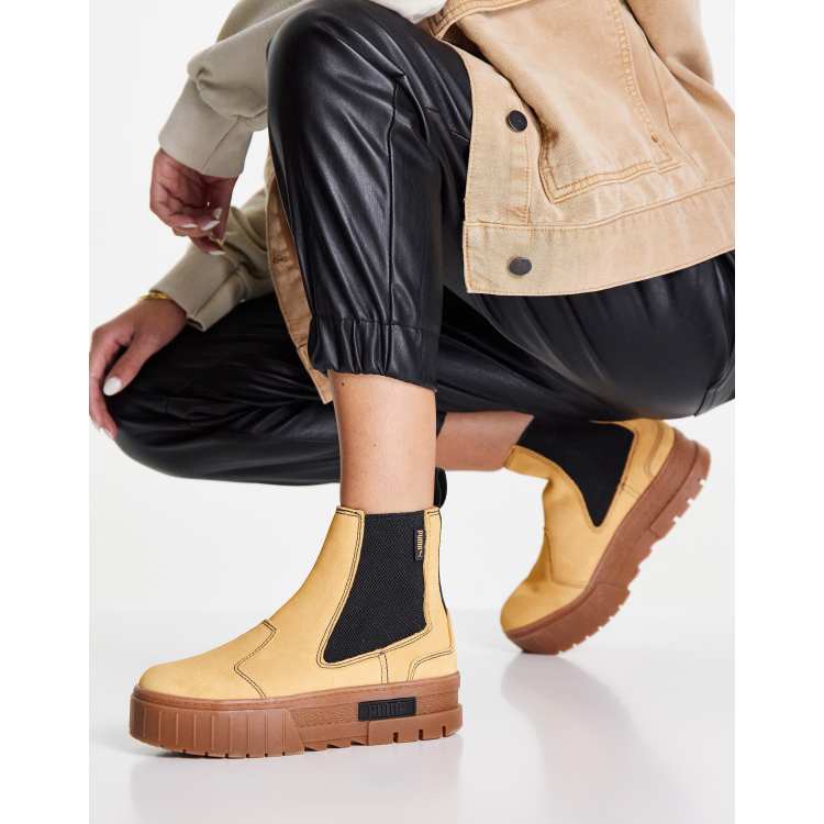 PUMA Mayze platform chelsea boots in tan with rubber sole ASOS