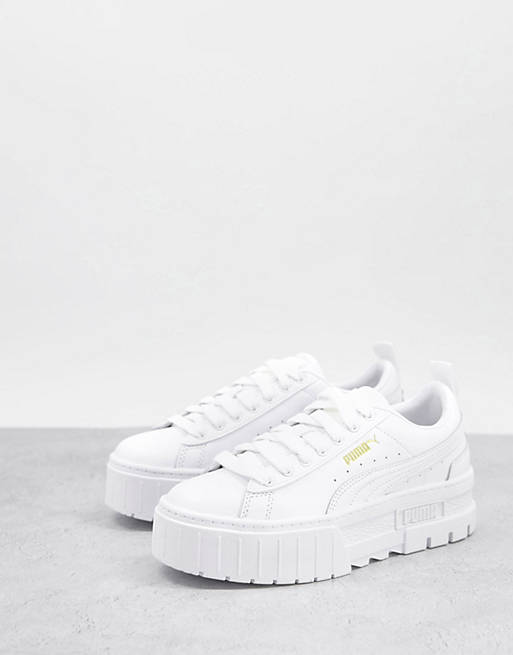 Puma Mayze platform sneakers in white and beige