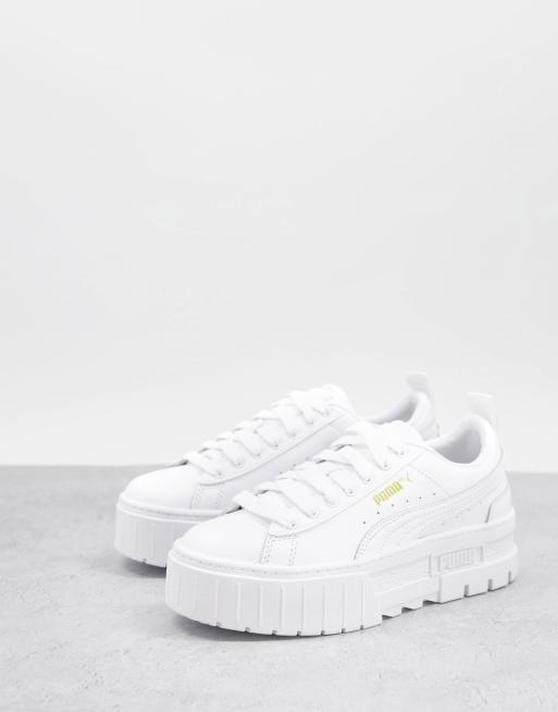 PUMA Mayze platform sneakers in white and beige