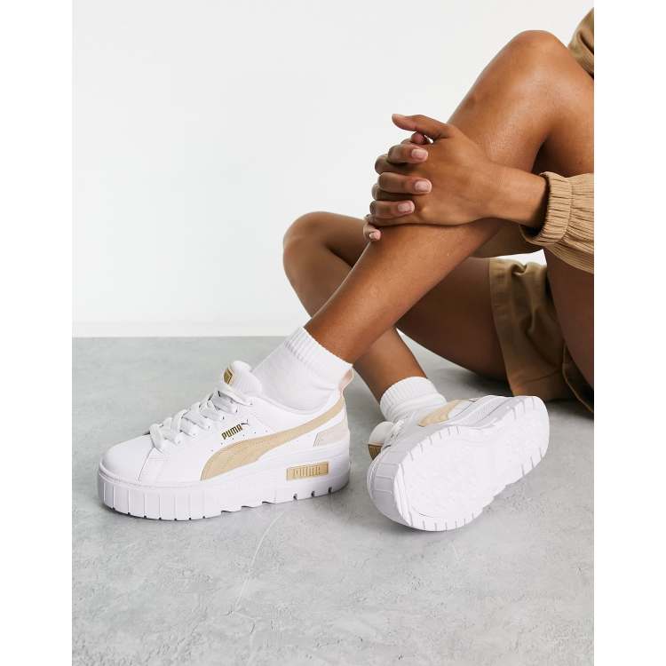PUMA Mayze platform sneakers in white and oatmeal | ASOS